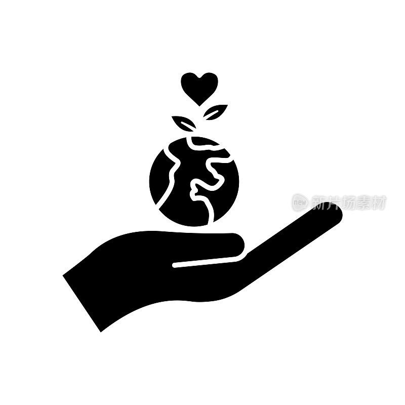手图标与地球和心植物。与慈善、亲情、爱有关的图标。字形图标样式，固体。简单的设计可编辑