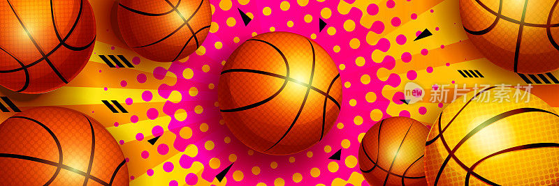 卡通风格的团队竞赛、运动和胜利概念。篮球彩色抽象运动背景。