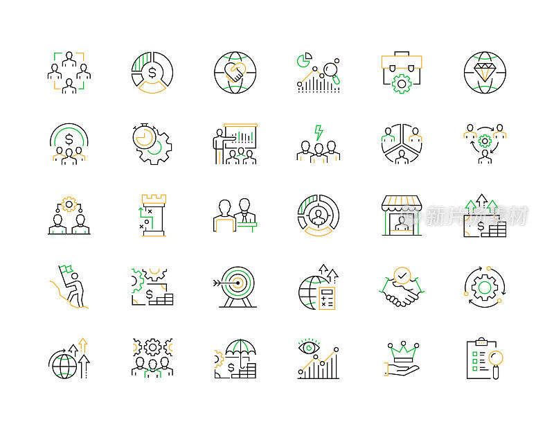 业务管理相关的矢量细线图标。大纲符号集合