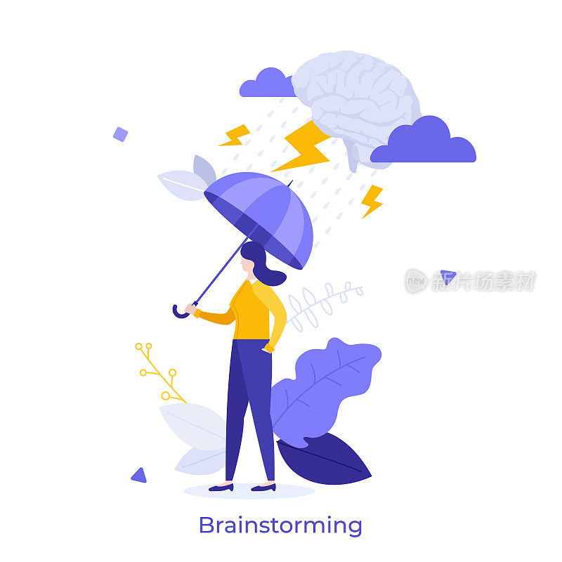 女人撑着伞在雨和闪电从脑云。头脑风暴概念，批判性或创造性的商业思维，洞察力，聪明的头脑。平面矢量插图横幅，海报。