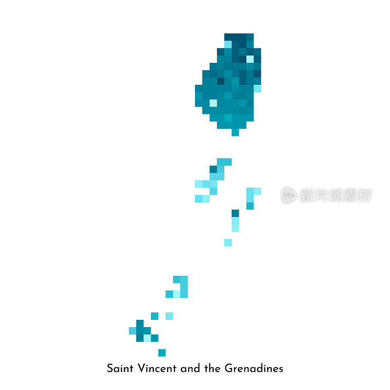 矢量插图与简单的冰蓝色形状的圣文森特和格林纳丁斯地图。非ft模板的像素美术样式。点状logo与渐变纹理