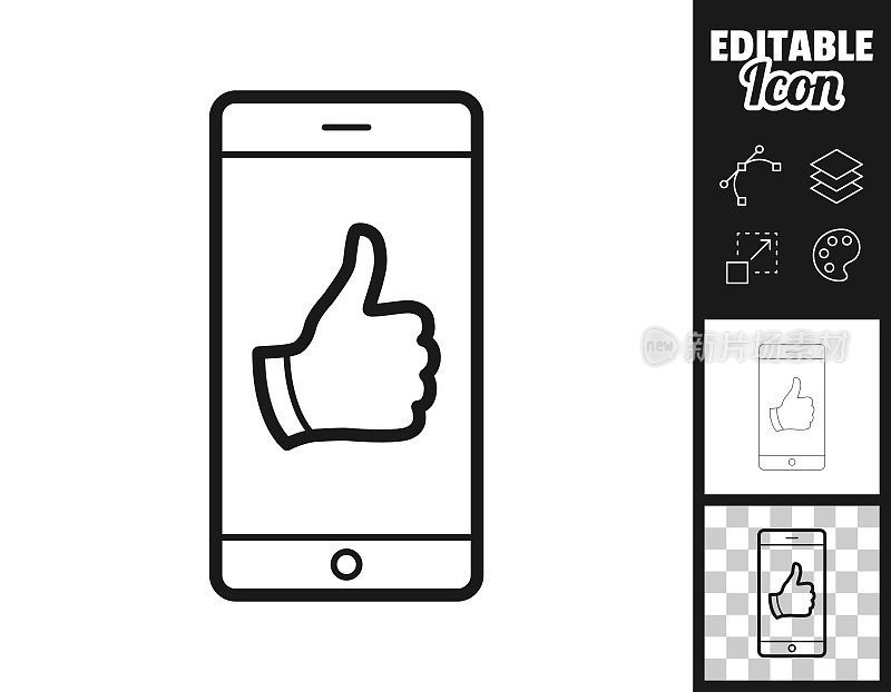 竖起大拇指的智能手机。图标设计。轻松地编辑