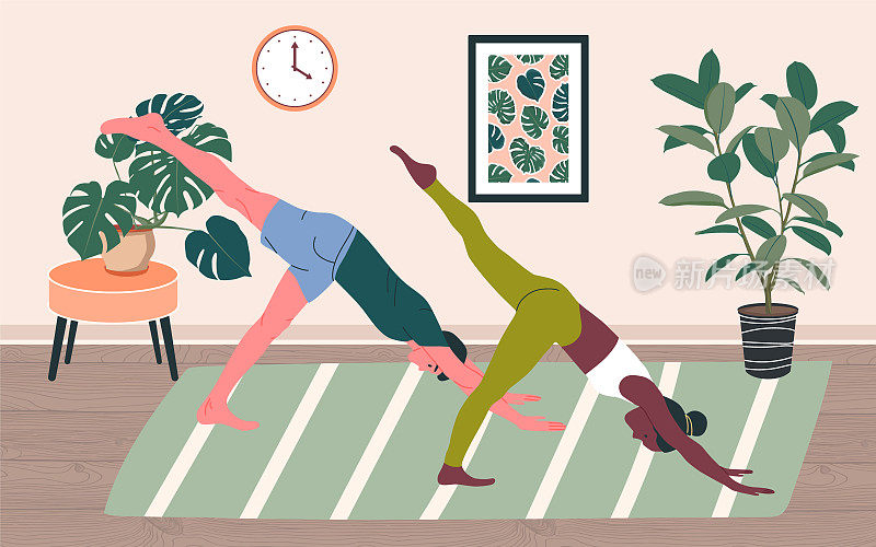 一对夫妇在家里做瑜伽。瑜伽运动矢量插图。