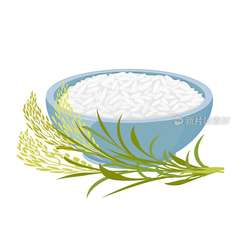 碗里有穗枝的米饭。从谷类植物中收获和煮熟的成品。