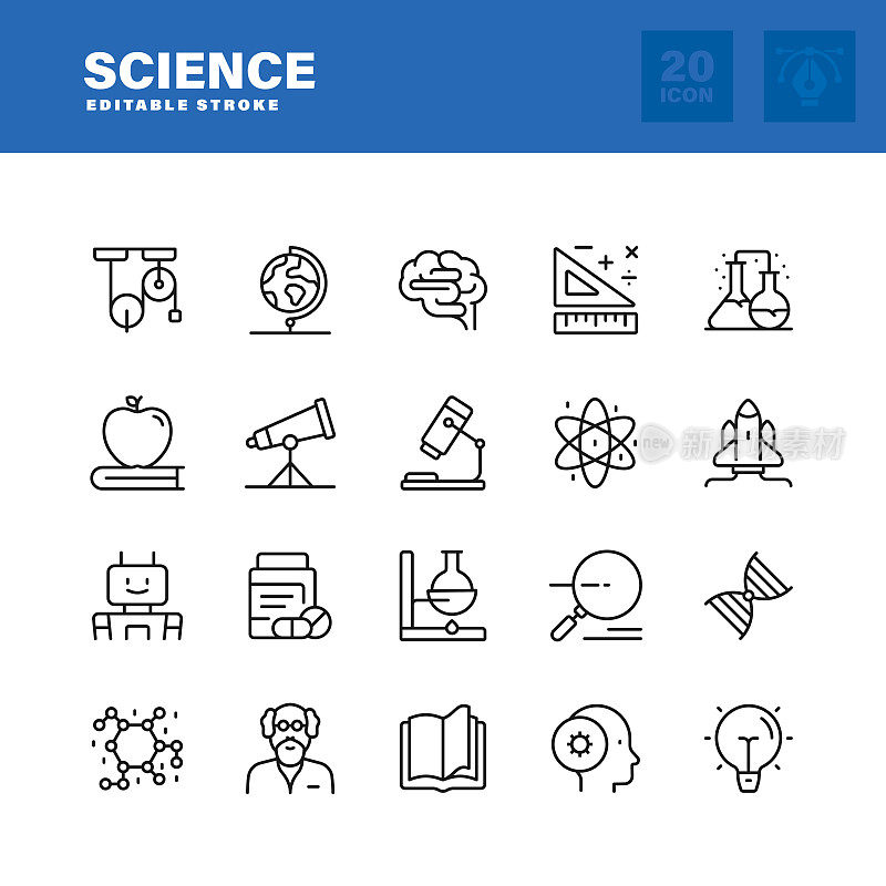 科学线图标集。可编辑的中风。像素完美。