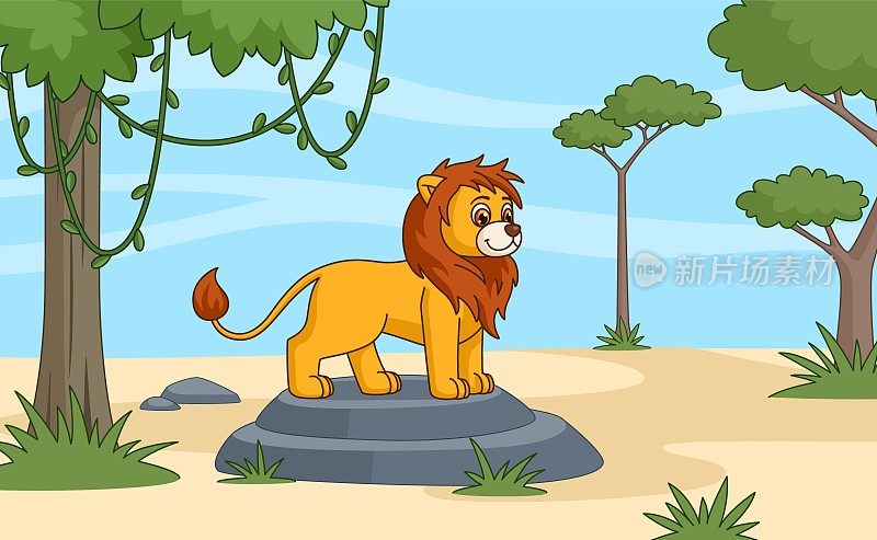 草原上的卡通狮子站在岩石上。非洲风景中可爱的狮子座人物。幼稚的矢量野生动物故事插画