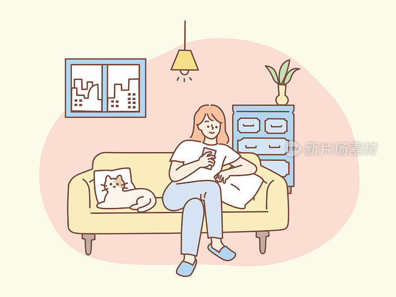 在家放松的插图(假日，喧闹，室内)在家放松的插图。节日,室内。