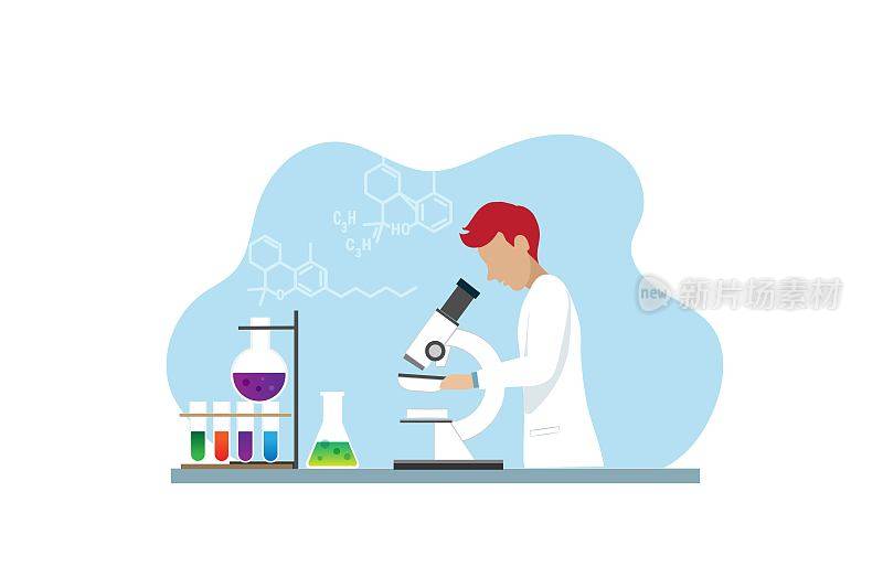 实验室研究。化学科学家利用显微镜分析分子结构，在实验室开展医学实验研究。医学生物技术。