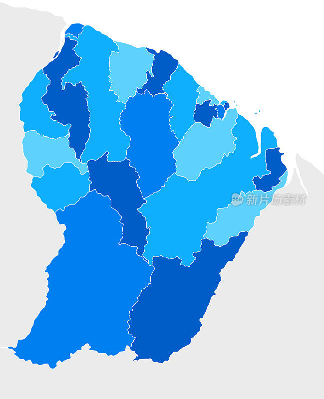法属圭亚那高详细的蓝色地图与地区