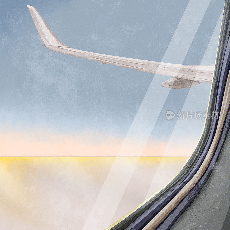 手绘水彩风格的插图从飞机窗口看到的风景