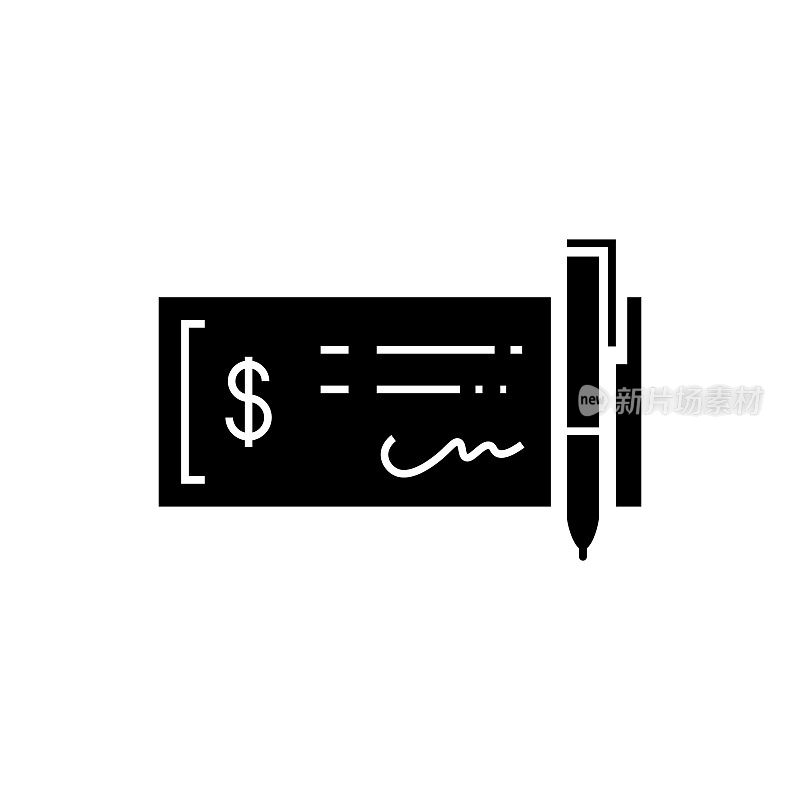 银行支票固体平面图标。Icon适用于网页、手机应用、UI、UX、GUI设计。