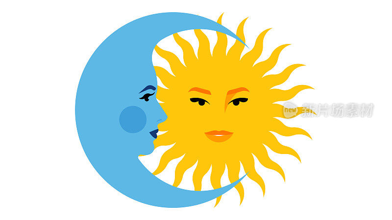 美丽的太阳和新月与女性的脸。蓝月亮轮廓附近的太阳符号与阳光。平面风格的占星天体。矢量插图的横幅，海报，设计。