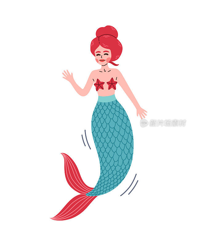 红头发的美人鱼，蓝红色的尾巴，游泳的美人鱼。可爱的美人鱼矢量，用于t恤或儿童书籍。