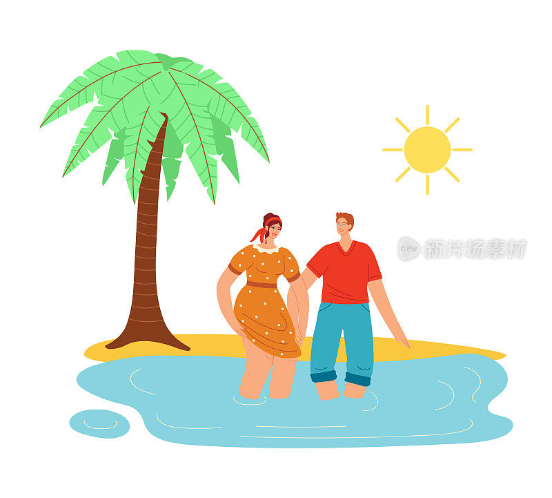 相爱的年轻男女一起在海滩上蜜月旅行，在海上享受假期，美丽的旅行假期初恋时间矢量插画