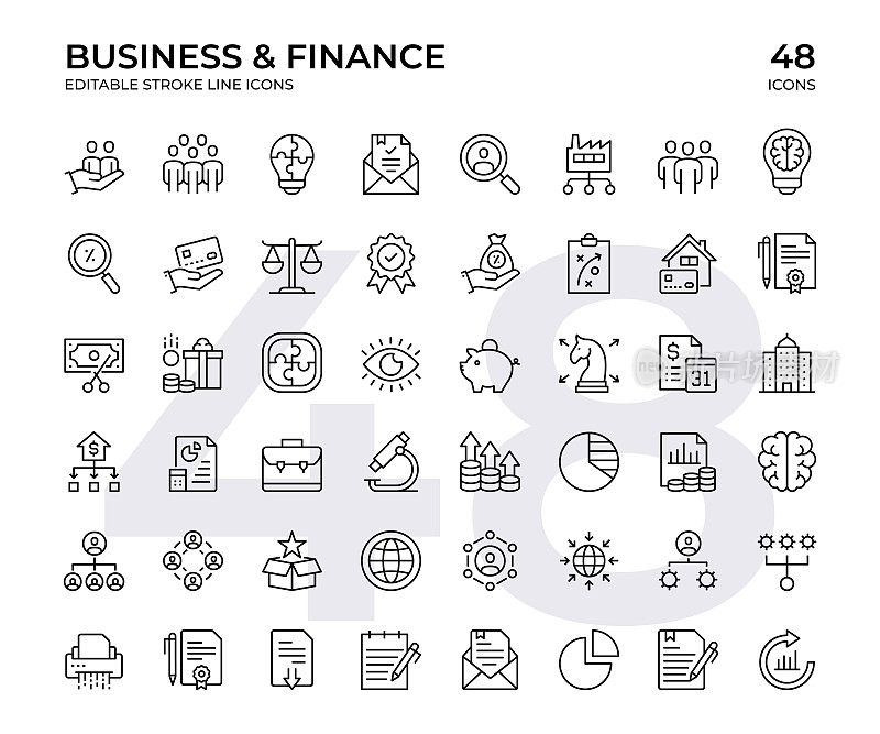 业务和财务矢量线图标集。这个图标集包含了诸如收入、收入、业务策略、财务、收入、创新等图标