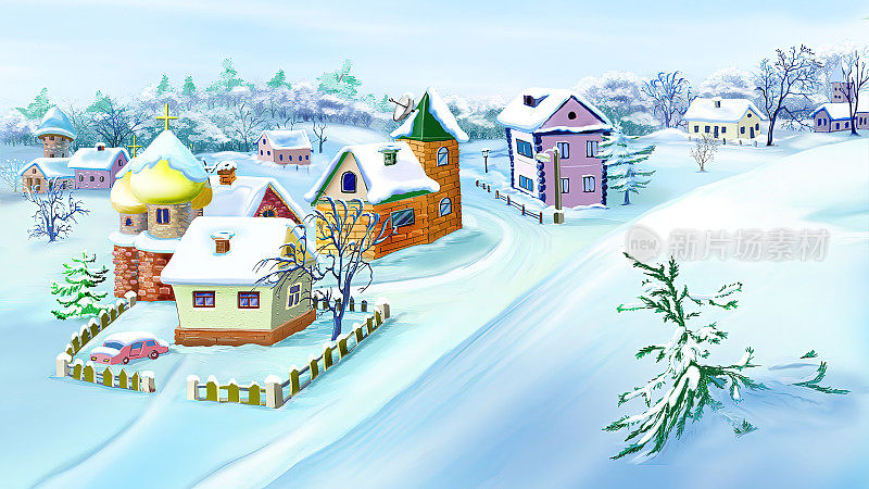 冬雪中的东欧传统村落。