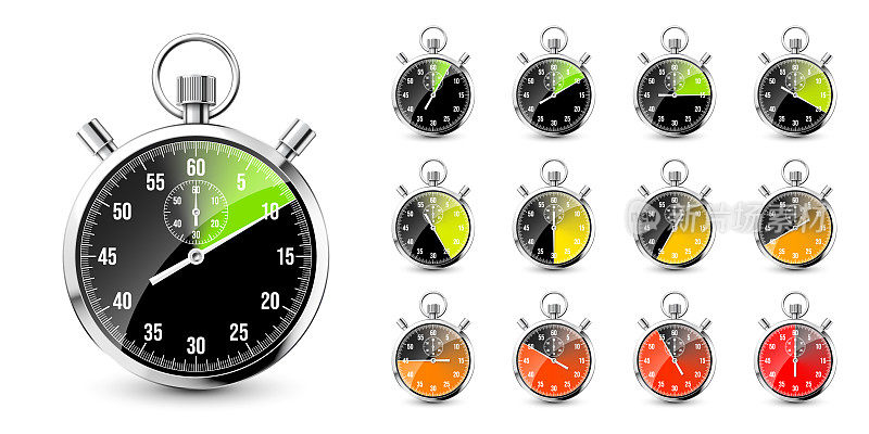 现实的经典秒表。闪亮的金属天文钟，时间计数器与拨号。彩色倒计时显示分和秒。计时运动，开始和结束。矢量图