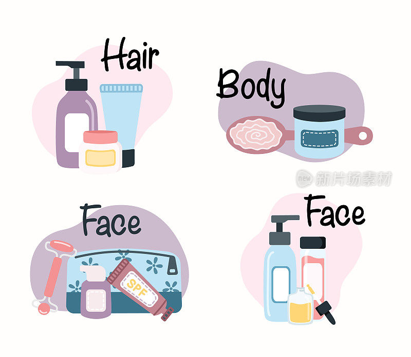 集化妆品元素于一身。美容，身体，头发，皮肤护理工具。