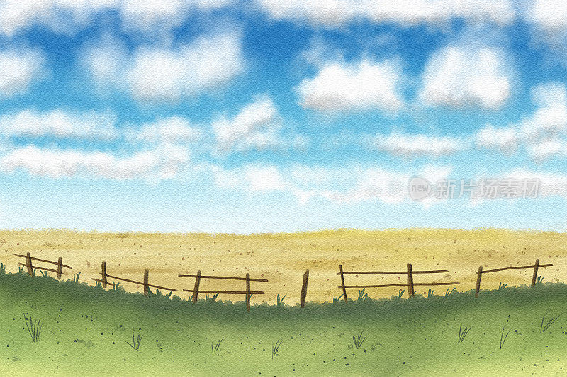 有田野、篱笆和天空的景观
