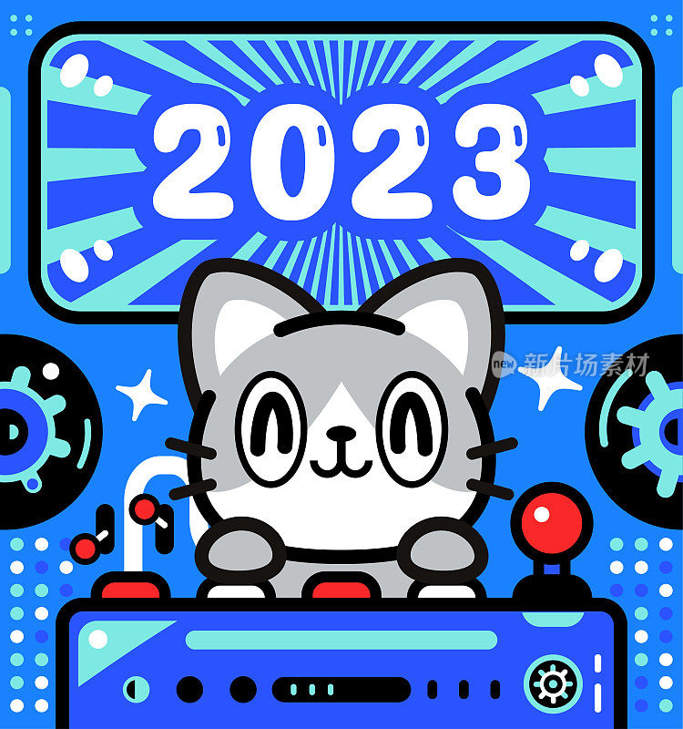 一只可爱的猫正在驾驶一艘无限动力宇宙飞船，庆祝2023年的到来