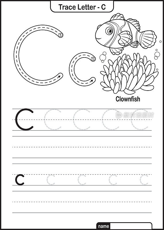 字母跟踪字母A到Z学龄前工作表与字母C小丑鱼亲矢量