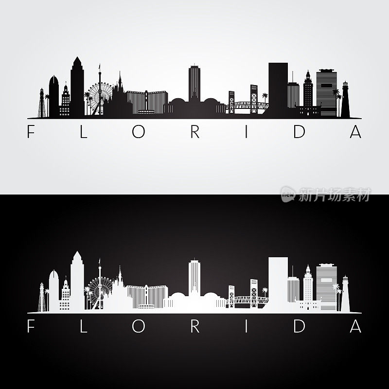 佛罗里达州天际线和地标剪影，黑色和白色的设计。矢量插图。