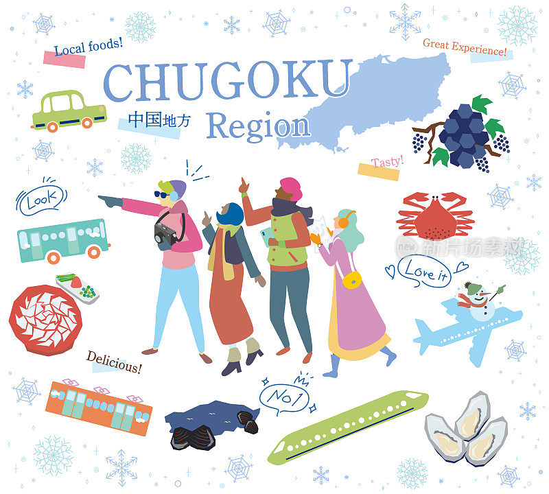 在日本Chugoku地区享受冬季美食观光的游客，一组图标(平)
