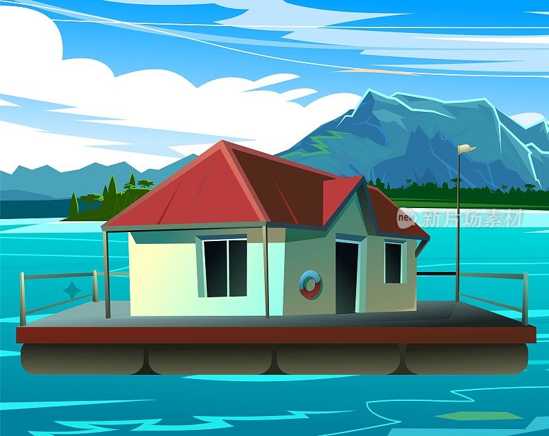 漂浮的房子在海湾。在水上有小庭院的住宅。说明向量。
