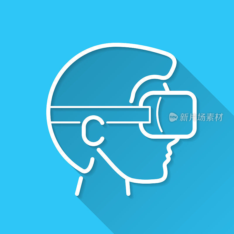 带着虚拟现实头盔的人-虚拟现实。图标在蓝色背景-平面设计与长阴影