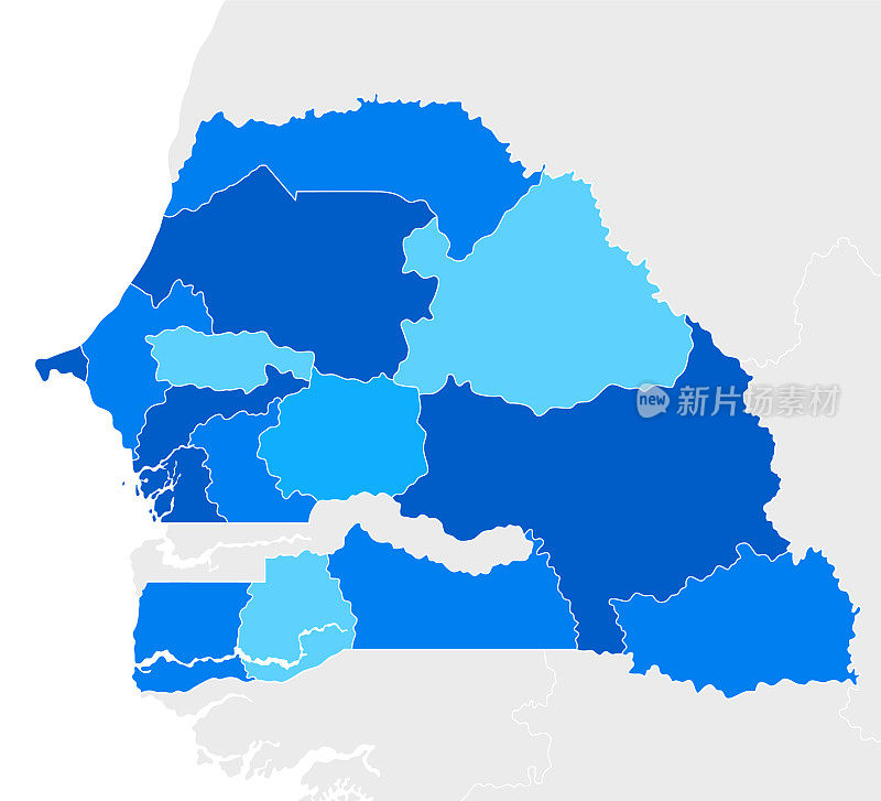高度详细的塞内加尔蓝色地图与区域和国家边界