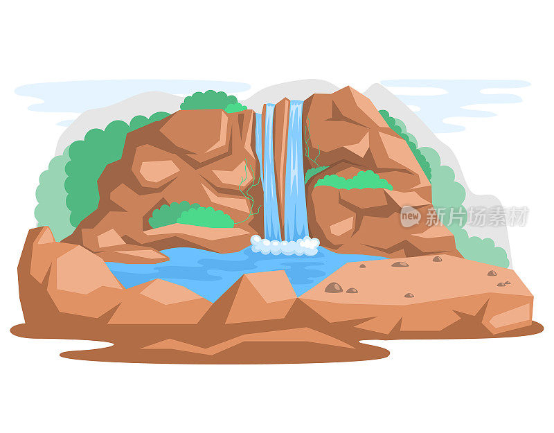 岩石流水的景观。自然风光，瀑布自然地标