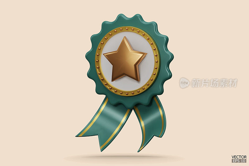 3D质量保证了一枚带有星星和缎带的奖牌。绿色徽章保修图标隔离在米色背景上。逼真的图形证书徽章图标，奖励徽章。三维矢量插图。
