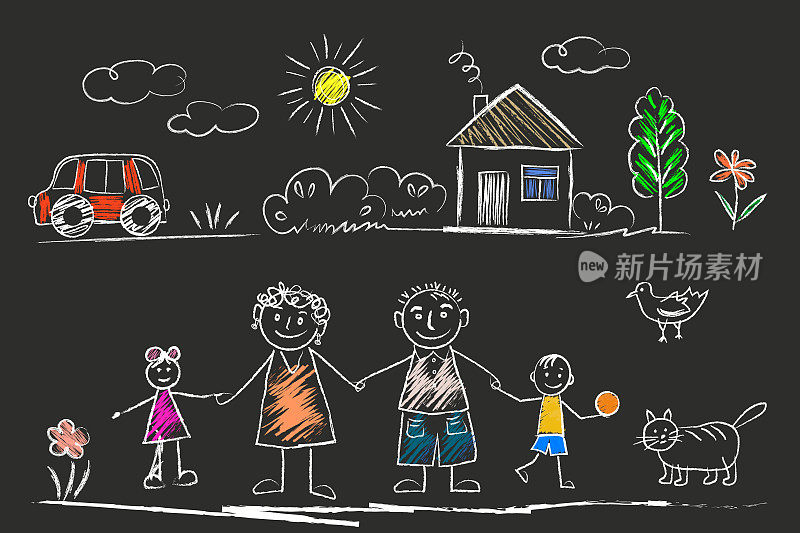 家庭——小女孩和小男孩牵着爸爸妈妈的手，猫，车，鸟，房子，太阳，云，花，夏日。用粉笔在柏油路或学校黑板上涂鸦。