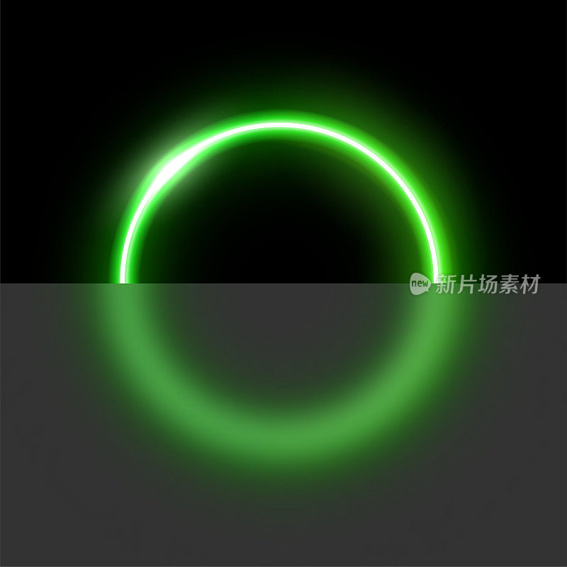 绿色霓虹灯圆与玻璃形态效果矢量插图。抽象发光LED戒指与模糊的玻璃，闪亮的圆形框架激光海报或横幅，未来的技术演示