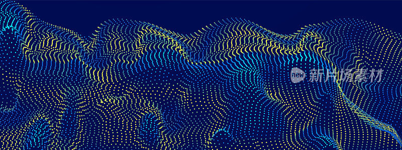 在暗背景上抽象蓝色和绿色波粒子技术设计。科技未来派背景