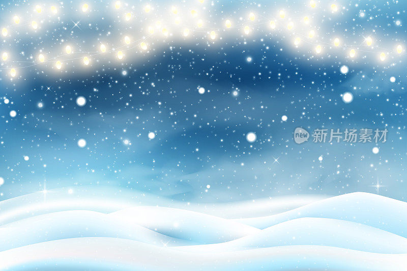节日冬雪，圣诞景象。白雪皑皑的夜晚灯火通明，户外天空庆祝景观与德国，冰冻的树木森林。圣诞快乐的背景。降雪墙纸。矢量卡通背景