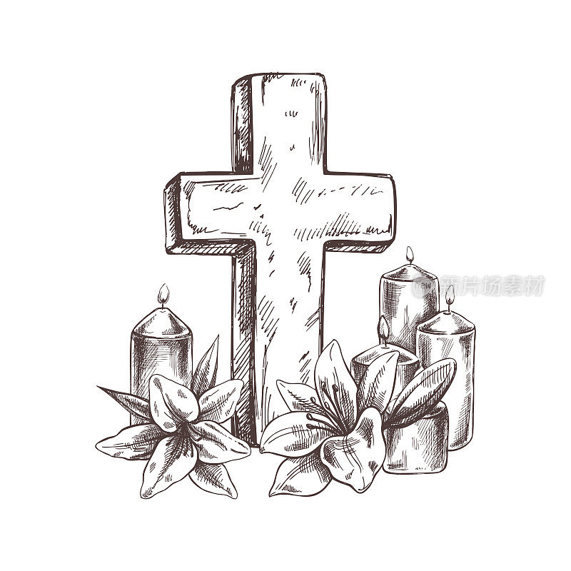 古老的大理石基督十字架与蜡烛和百合花。矢量手绘孤立插图在白色背景。素描象征耶稣、死亡、墓地、基督教、宗教、信仰、信任和复活