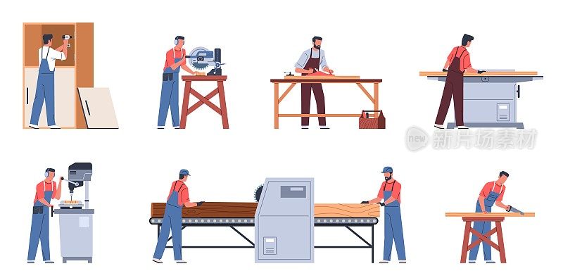 木匠用家具刻画人物。漫画人在工作服中从事木材加工、锯、钻、刨，制作工艺卡通平面孤立插图，如今矢量集