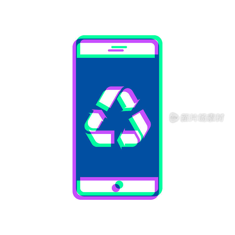 带有回收标志的智能手机。图标与两种颜色叠加在白色背景上