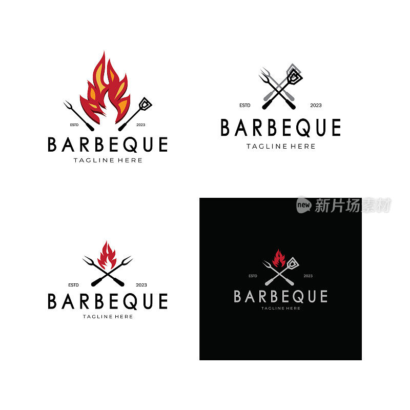 烟和烧烤老式热烤架，交叉火焰和抹刀。标志为餐厅，徽章，咖啡馆和酒吧。矢量