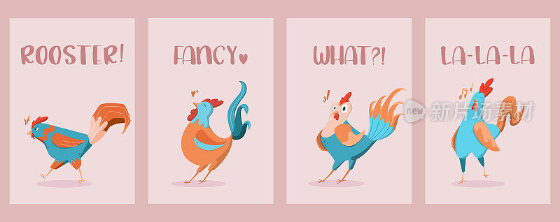 一群滑稽的鸡巴。字符的公鸡。矢量卡通插图的小公鸡。一套明信片，可爱的公鸡表现出不同的情绪。