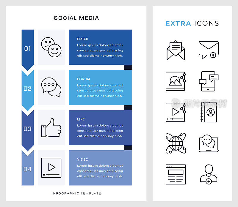 社交媒体信息图表模板和线条图标。