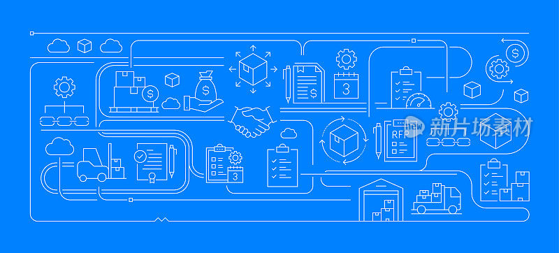 采购流程相关的线条风格横幅设计网页，标题，小册子，年度报告和书籍封面