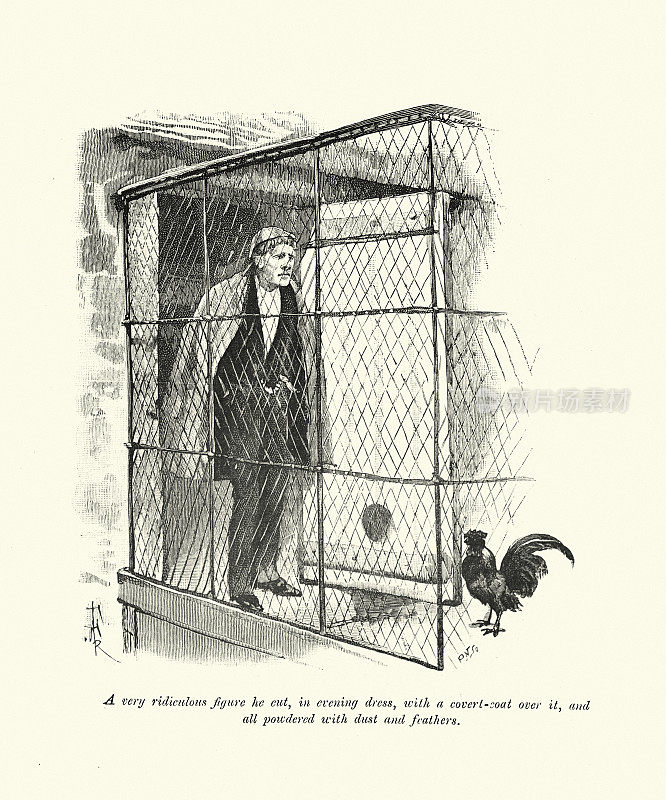 19世纪1891年维多利亚时代,在鸡笼或鸡舍里的人