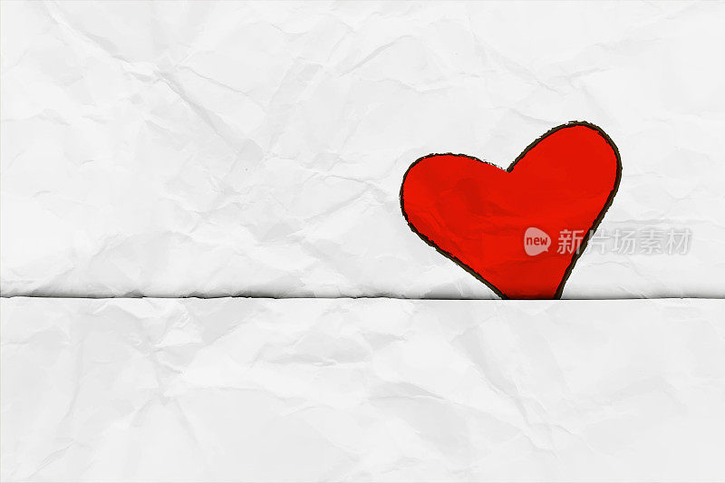 一个红色的可爱可爱的心形，爱的标志或符号在滑入或窥视从一个缝隙或在皱褶的纸矢量背景，留下足够的文字复制空间