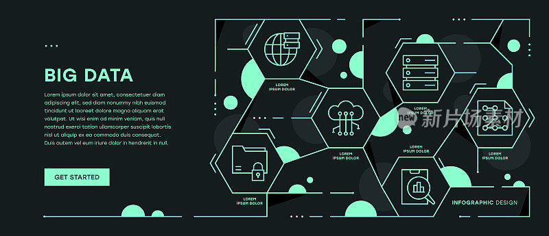 具有可编辑笔画图标的大数据信息图Web横幅