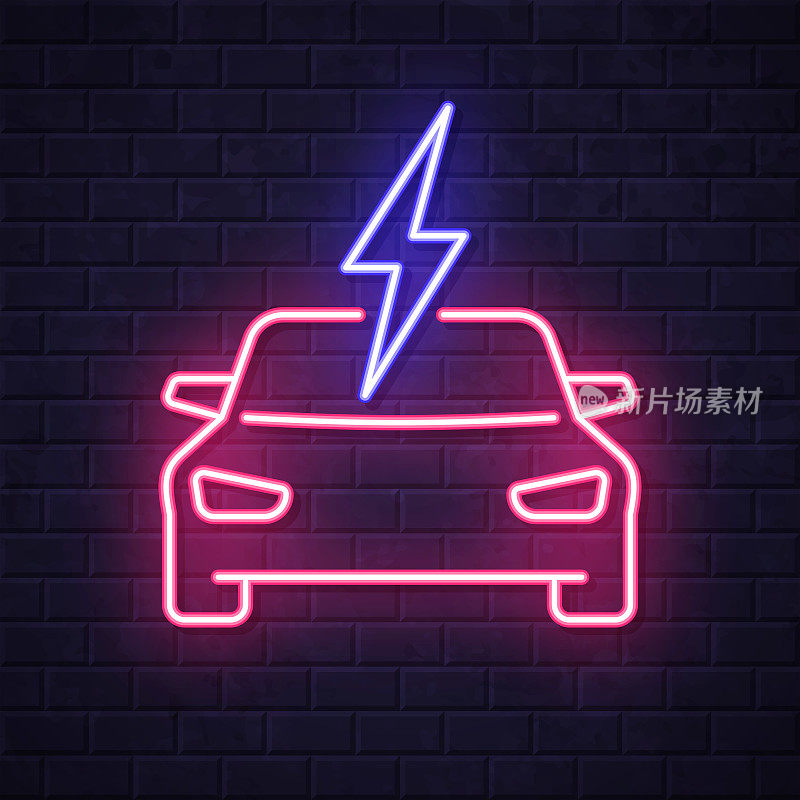 电动汽车充电。在砖墙背景上发光的霓虹灯图标