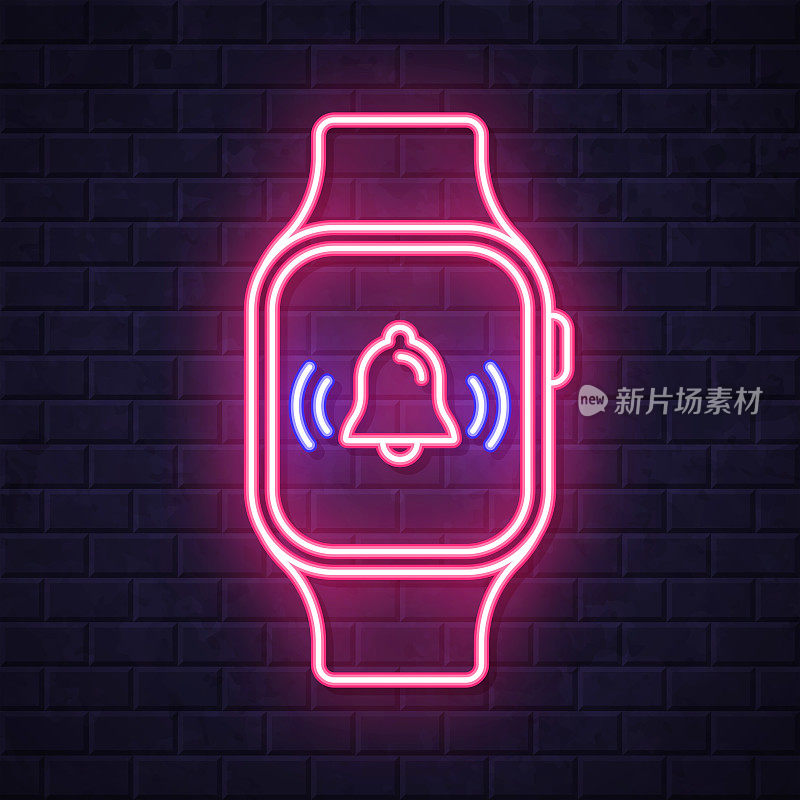智能手表的铃声-通知。在砖墙背景上发光的霓虹灯图标
