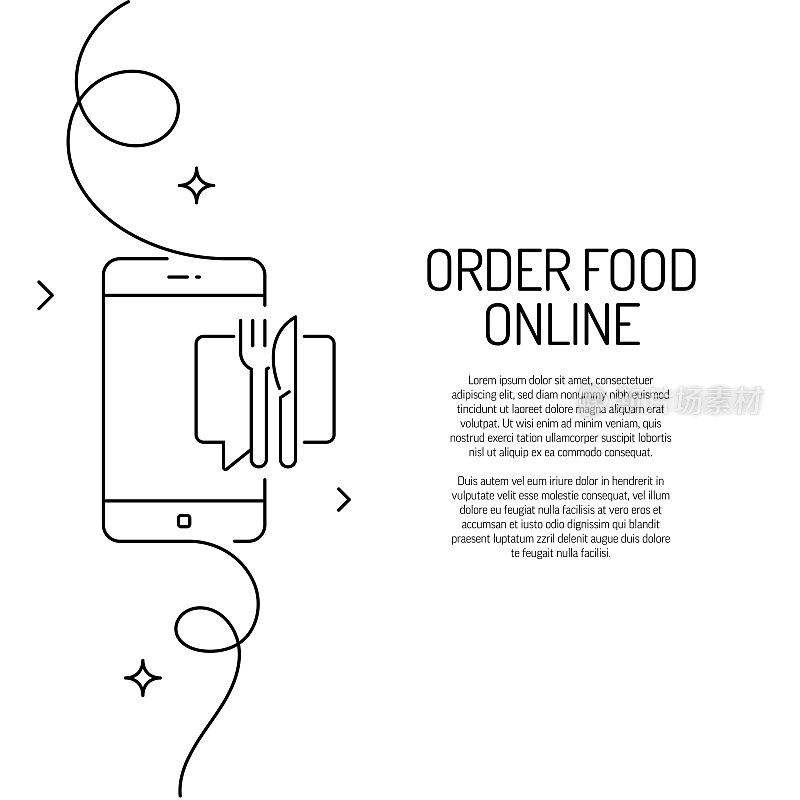 连续线绘制订购食品在线图标。手绘符号矢量插图。