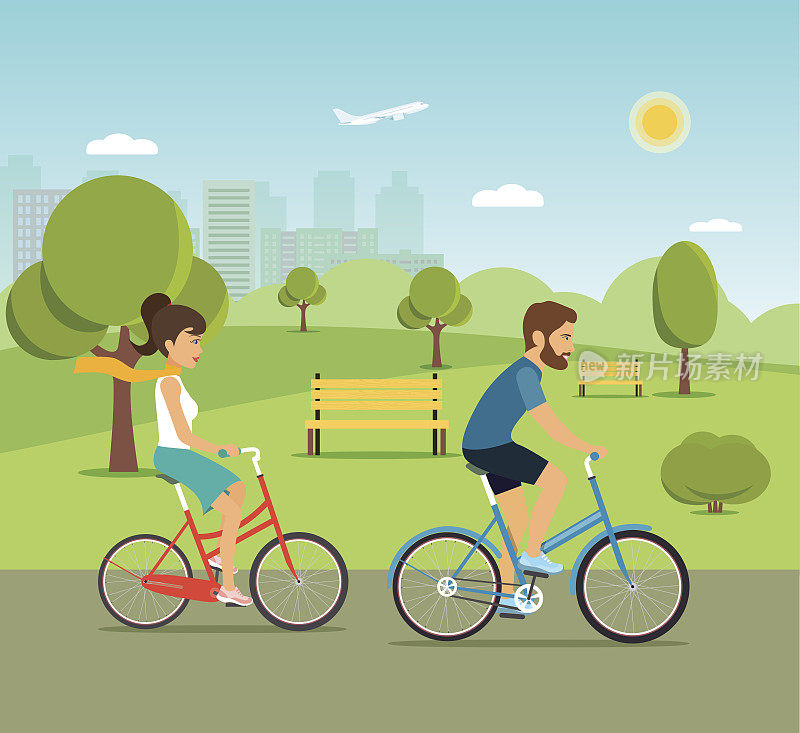 女人和男人在公园里骑自行车。平面向量插图